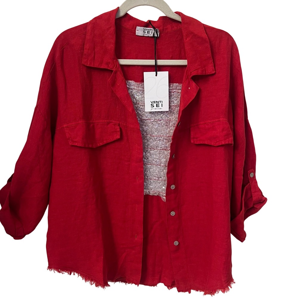 Venti Sei Premium Red 100% Linen Sequin Back Button Down Shirt Made in Italy M